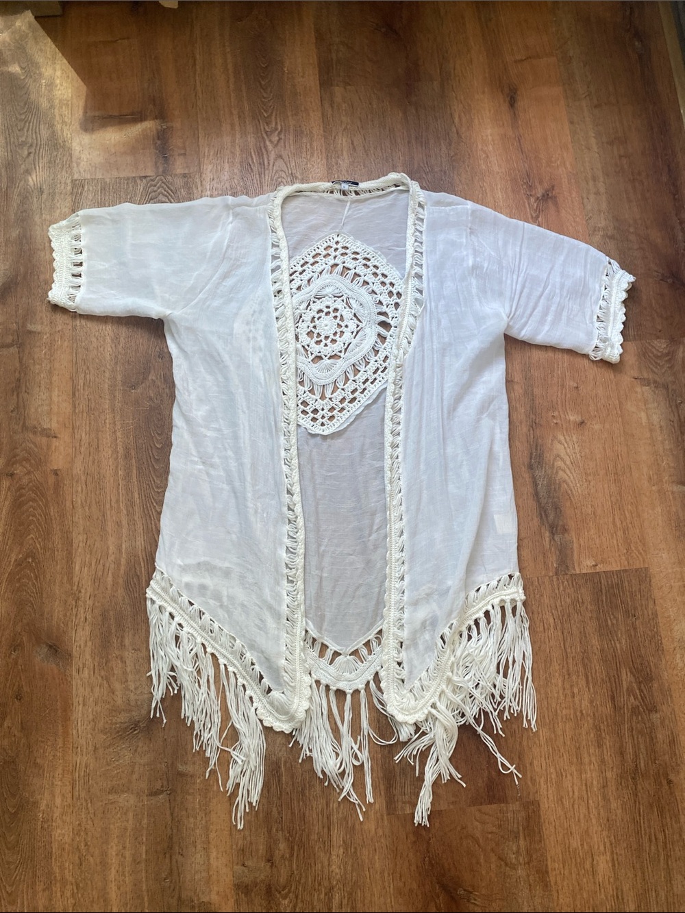 White Crochet Fringe Swim Cover-Up Kimono